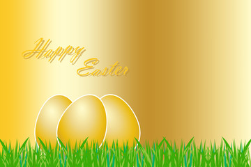 Three golden eggs with white borders  are lying on the grass. All is on the golden background.