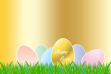The group of color eggs with white borders are lying on the grass. The golden egg with sign Happy Easter is in the foreground. All is on the golden background.