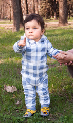 The kid standing in the park in a blue checkered jumps holding his father's hands