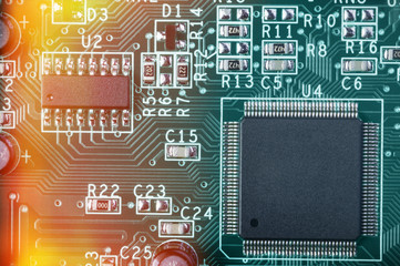 Circuit board with electronic components. Computer and networking communication technology concept. 