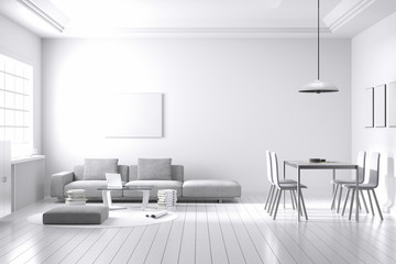 3D rendering : illustration of spacious living room part of a house in soft light color. loft brick wall with white furniture decoration living room zone. with dining table. interior design of house