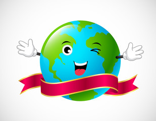 Planet Earth Cartoon Character with ribbon, illustration.