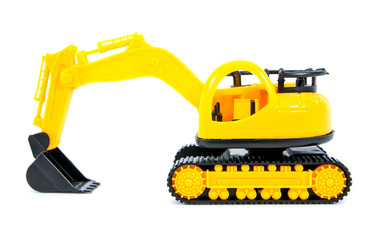 Bulldozer toy isolated on white background.Yellow bulldozer toy isolated.Modern bulldozer toy