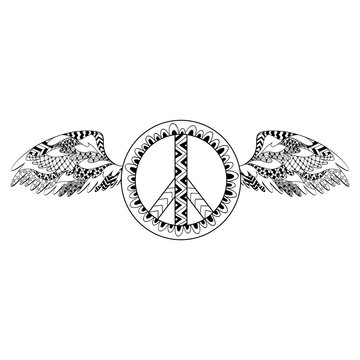 Hippie vintage peace symbol in ornamental style with wings.