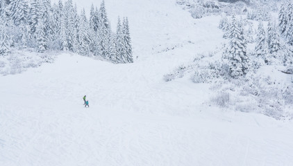 scenic view of small people skiing in snow mountain.