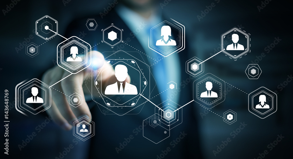 Poster Businessman using digital social network 3D rendering
