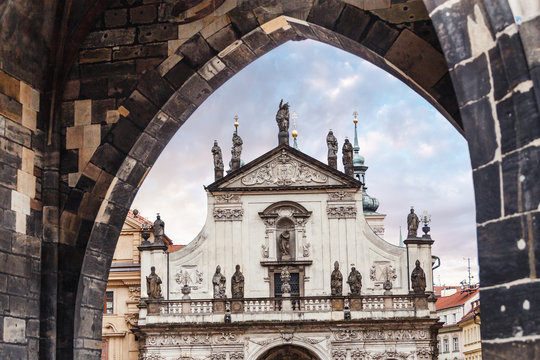 St. Salvador church, Prague from Charles bridge arch