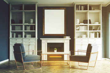 Living room with fireplace, blue armchairs, toned