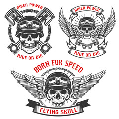 Born for speed. Set of biker skulls in helmets, with wings and pistons. Design elements for logo, label, emblem, sign. Vector illustration