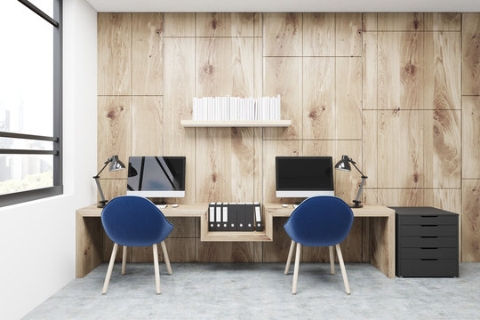 Workplace, two blue chairs, wood