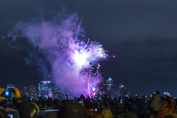Fototapeta na wymiar Seattle,Washington,usa,2017/01/01: New year fireworks over Seattle cityscape,celebrate,2017.