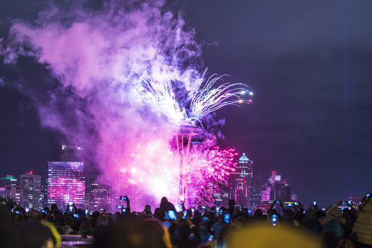 Seattle,Washington,usa,2017/01/01: New year fireworks over Seattle cityscape,celebrate,2017.