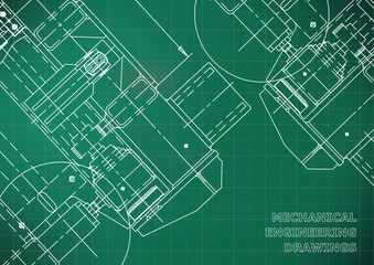 Mechanical Engineering drawing. Blueprints. Mechanics. Cover, background for your design. Light green. Grid