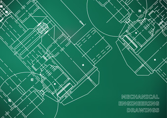 Mechanical Engineering drawing. Blueprints. Mechanics. Cover, background for your design. Light green