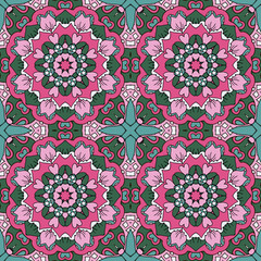 Mandala. Oriental ornament relaxing. Doodle Seamless pattern. Pink and blue colors