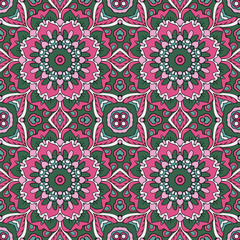 Mandala. Oriental ornament relaxing. Doodle Seamless pattern. Pink and blue