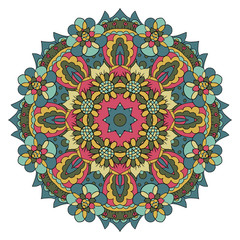 Oriental pattern. Traditional round ornament. Mandala. Flowers. Doodle drawing. Blue, yellow and pink tone
