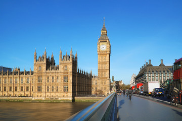 Fototapeta na wymiar London, UK. Big Ben and the Westminster Bridge with Red buses.