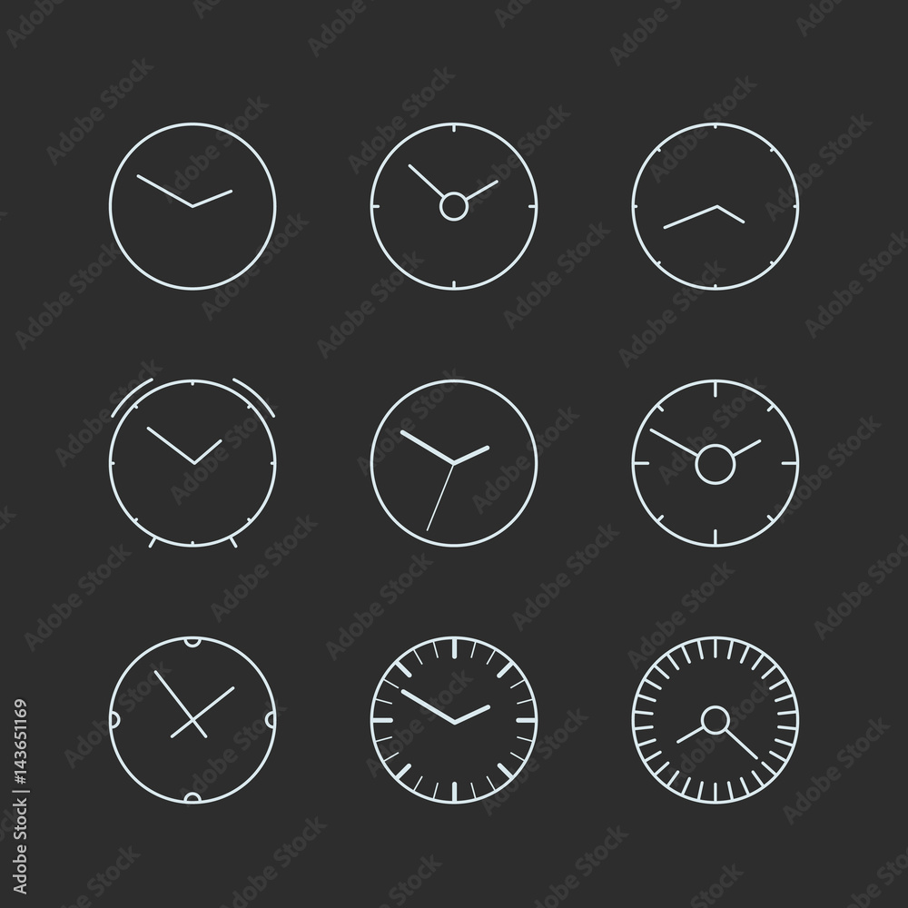 Poster Different lineart clocks collection. Vector set