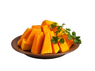 Pieces of ripe pumpkin on brown plate islated on white