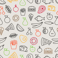 Different food silhouette icons seamless pattern. Food lineart background