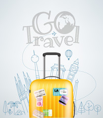 Color plastic travel bag with different travel elements vector illustration. Travel concept © tovovan