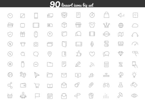 Different lineart style icons vector collection. 90 icons big set