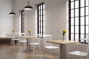 Cafe with square tables, side