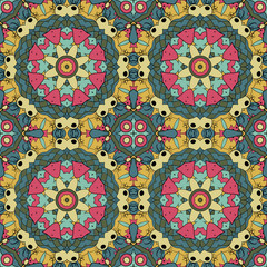 Oriental pattern. Traditional seamless ornament. Mandala. Doodle drawing. Blue, yellow and pink tone