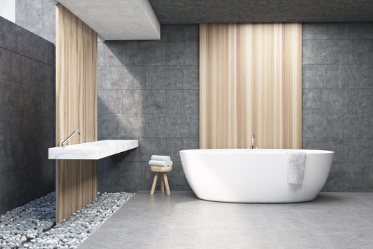Gray bathroom, white tub, front