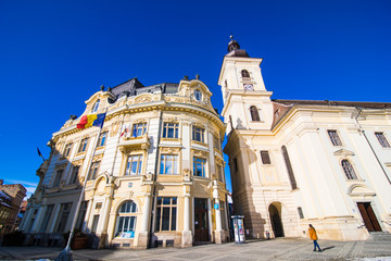 Fototapeta na wymiar Sibiu, Romania. Sibiu transilvania medieval city architecture like a point of destination of touristic route.
