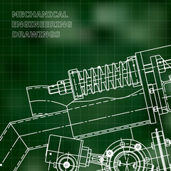 Mechanical engineering the drawing. Technical illustrations. The drawing for technical design. A cover, a banner. A place for the text. Green. Grid