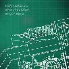 Mechanical engineering the drawing. Technical illustrations. The drawing for technical design. A cover, a banner. A place for the text. Light green. Grid