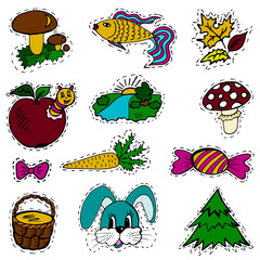 A set of fashion labels, badges. Mushrooms, mushroom, sweet, bow, fish, apple, caterpillar, carrots, autumn leaves, rabbit, pottle, fir
