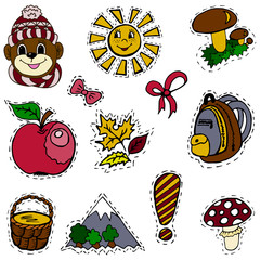 A set of fashion labels, badges. The exclamation point, monkey, mushrooms, mushroom, pottle, mountain, apple, autumn leaves, bows, sun, backpack