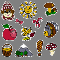 A set of fashion labels, badges. The exclamation point, monkey, mushrooms, mushroom, pottle, mountain, apple, autumn leaves, bows, sun, backpack