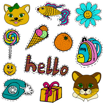 A set of fashion labels, badges. Cat, cougar, fish, flower, camomile, candy, ice cream, orange, backpack, hello, smiley, gift, old phone