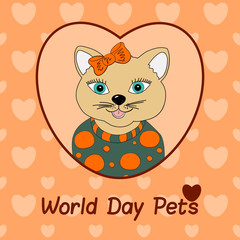 World Day Pets. A cat with a orange bow. Print for clothing, postcards. Love in pets