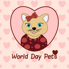 World Day Pets. A cat with a brown bow. Print for clothing, postcards. Love in pets