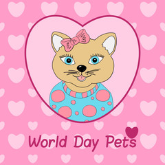 World Day Pets. A cat with a pink bow. Print for clothing, postcards. Love in pets