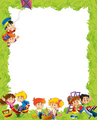 cartoon frame with children having fun playing - obrazy, fototapety, plakaty