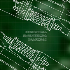 Mechanical engineering the drawing. Technical illustrations. The drawing for technical design. A cover, a banner. A place for an inscription. Green. Grid