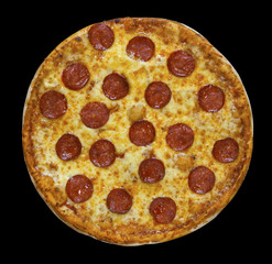 Delicious classic italian Pizza Pepperoni with sausages and cheese mozzarella isolated on black background