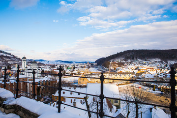 View in city Sighisoara, Romania like a point of destination of touristic route.