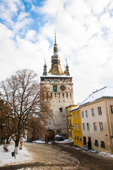 Tower view in city Sighisoara, Romania like a point of destination of touristic route.