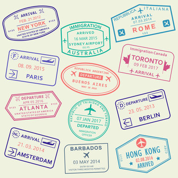 Custom and travel passport stamp set. International Airport visa stamps. Vector illustration.
