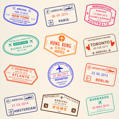 Obraz premium Visa stamp set. Arrival and Departure stamps from passport. International travel symbols. Vector illustration.