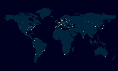 World map with city lights. Night view of Earth map with glowing city dots. Vector illustration.