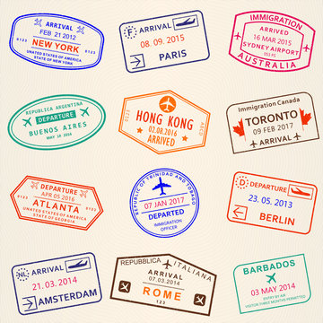 Visa stamp set. Arrival and Departure stamps from passport. International travel symbols. Vector illustration.