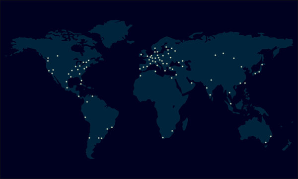 World map with city lights. Night view of Earth map with glowing city dots. Vector illustration.